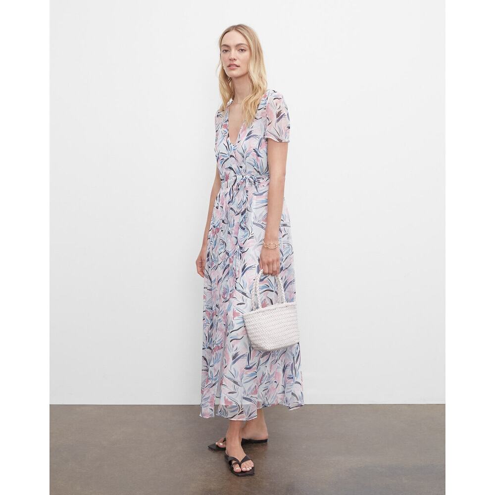 Club Monaco Floral Sheer Wrap Maxi Dress Short Sleeves V Neck Multicolor Size 2